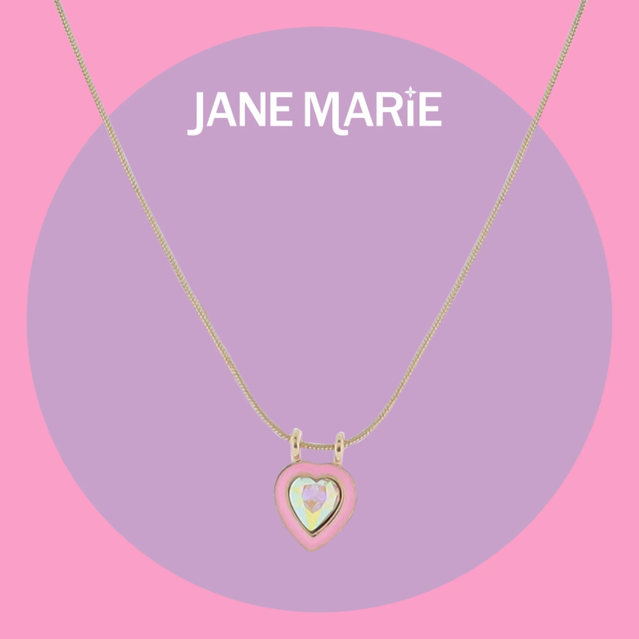16" Gold Snake Chain Necklace with Pink Enamel Heart & AB Crystal Heart Pendant