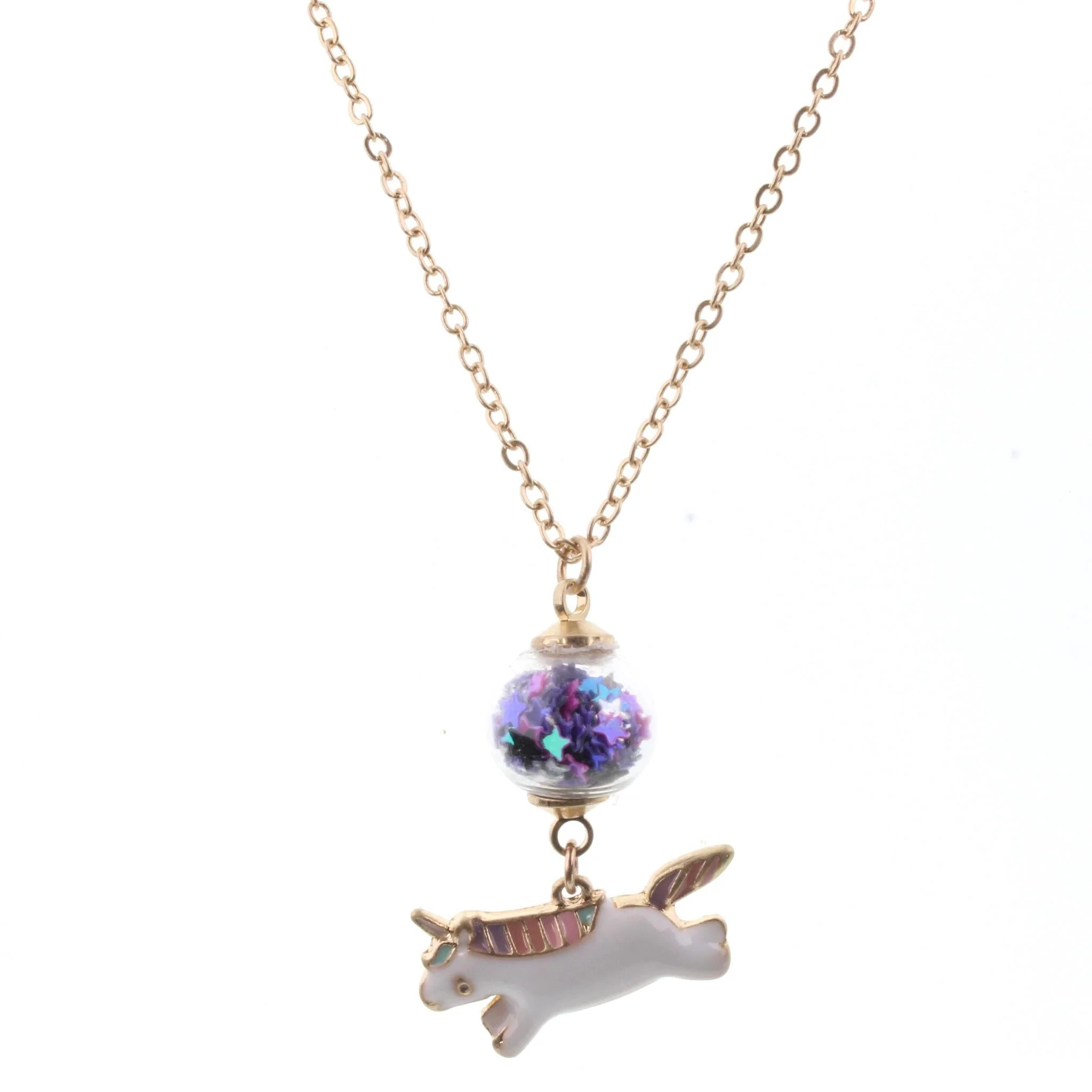16" Kids Chain Necklace with Purple Confetti Ball Unicorn, 3" Ext