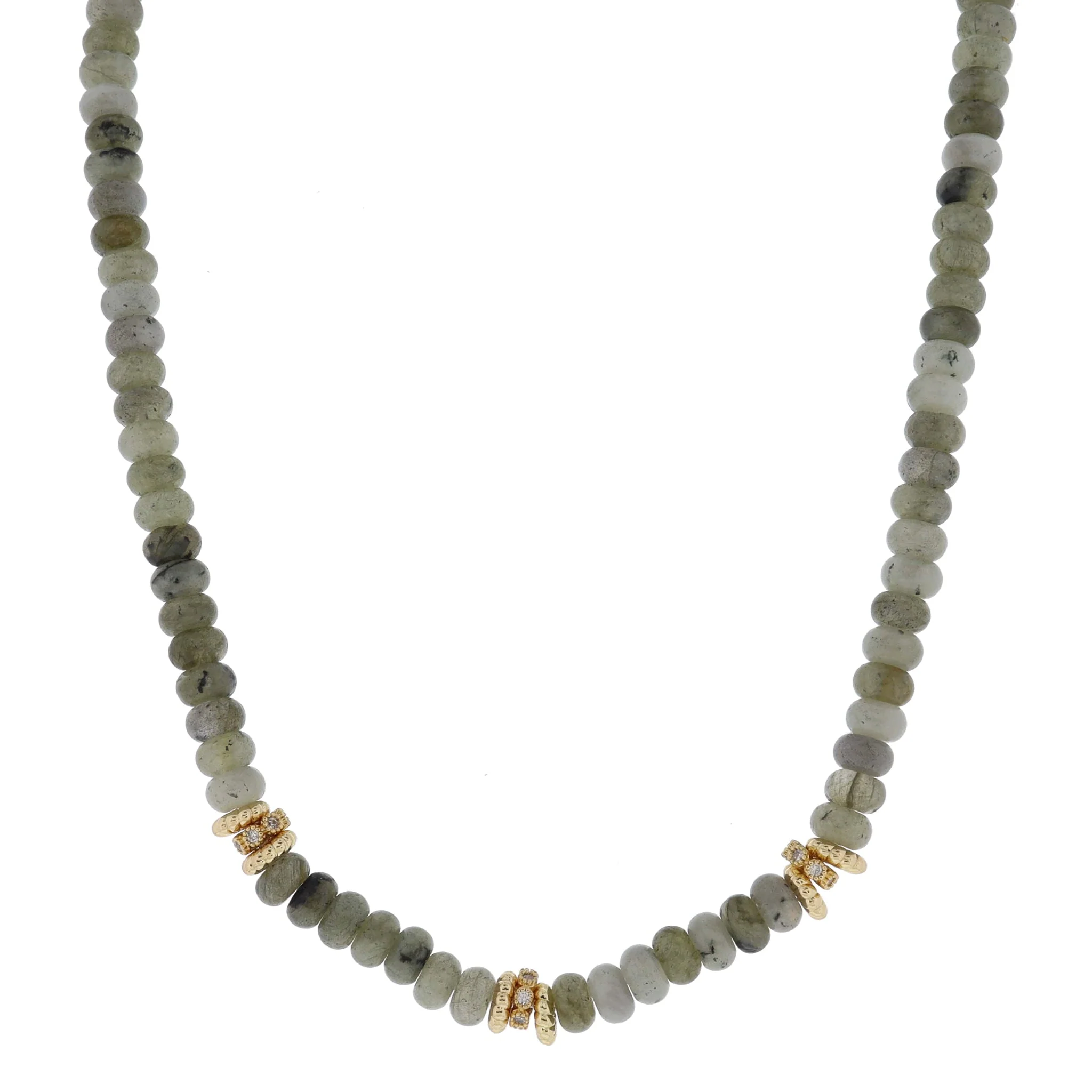 16" Labradorite Beaded with Multi Gold and Crystal Rondel Cluster Stations Necklace, 3" Ext