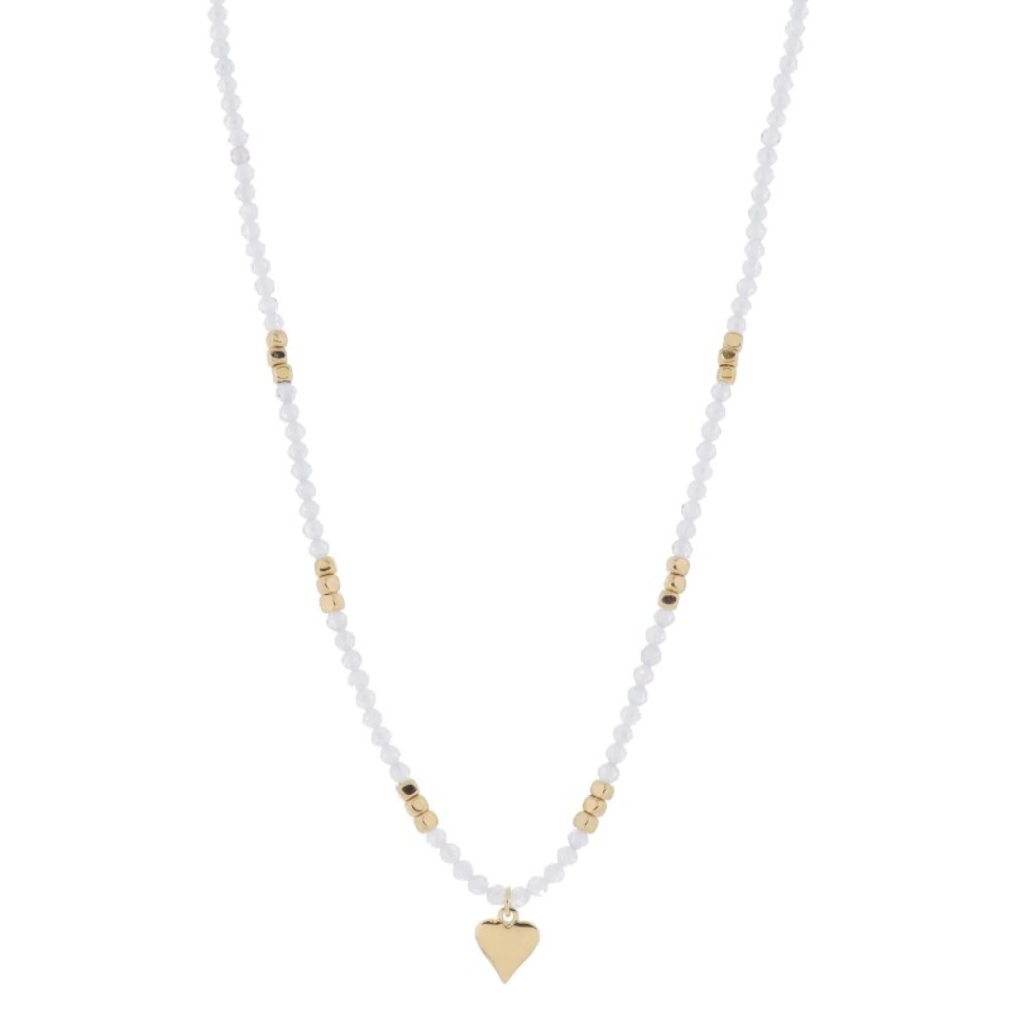 16" Moonstone Mini Faceted Beaded with Gold Bead Accents and Gold Heart Necklace, 3" Ext
