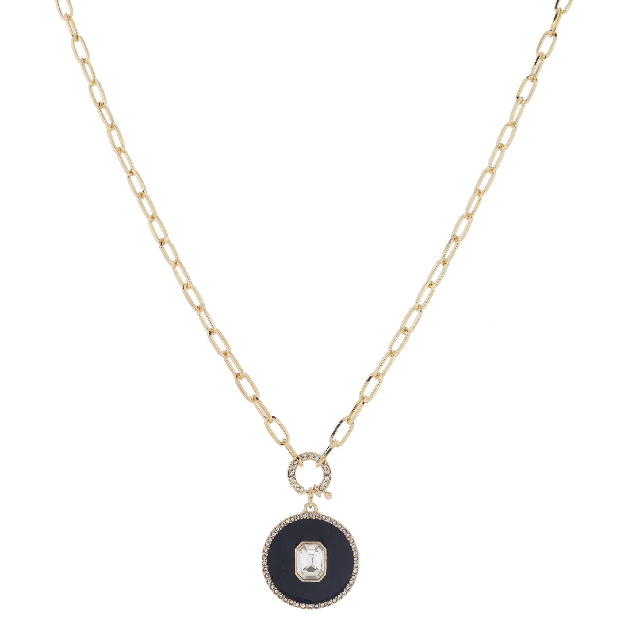 18" Crystal Spring Ring & Black Enamel Disc with Emerald Crystal & Crystal Edge Necklace, 3" Ext
