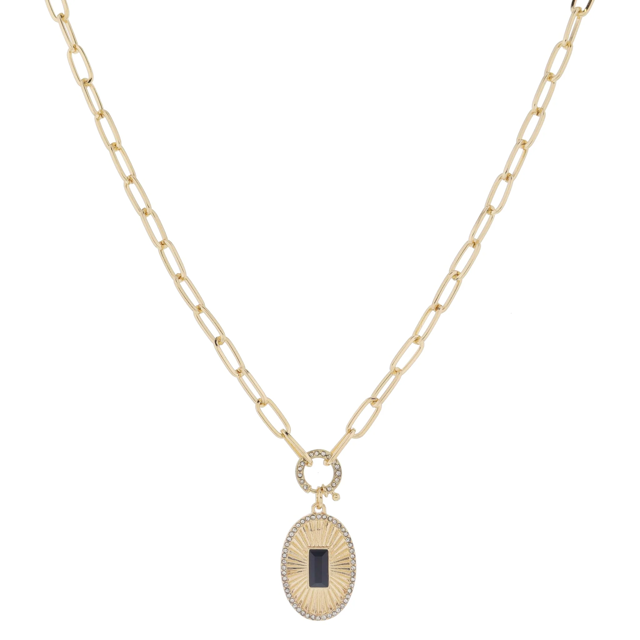 18" Crystal Spring Ring Gold Sunburst Oval with Jet Center Crystal & Crystal Edge Necklace, 3" Ext