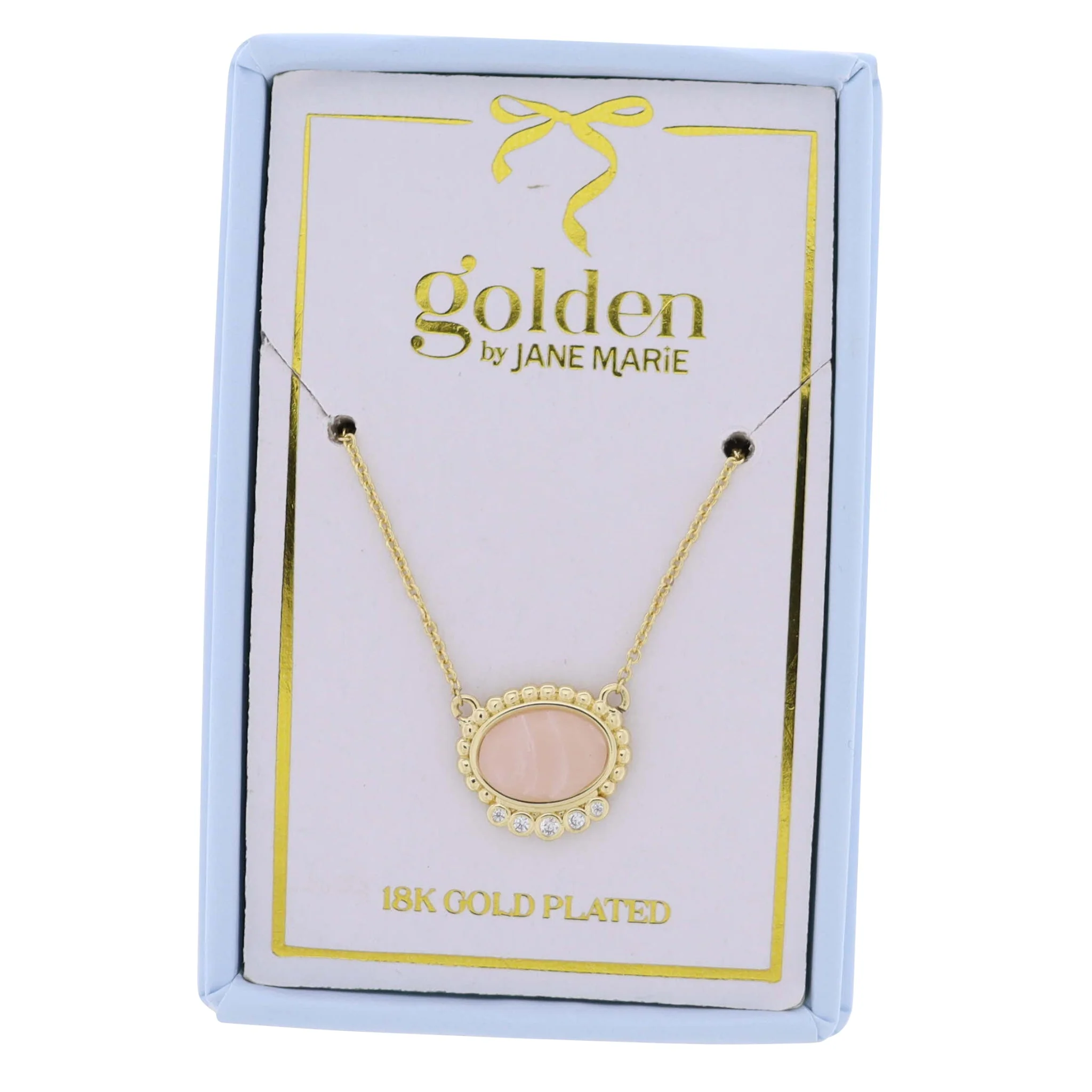 18K Gold Plated Chain Necklace with Pale Pink Oval with Crystal Accents