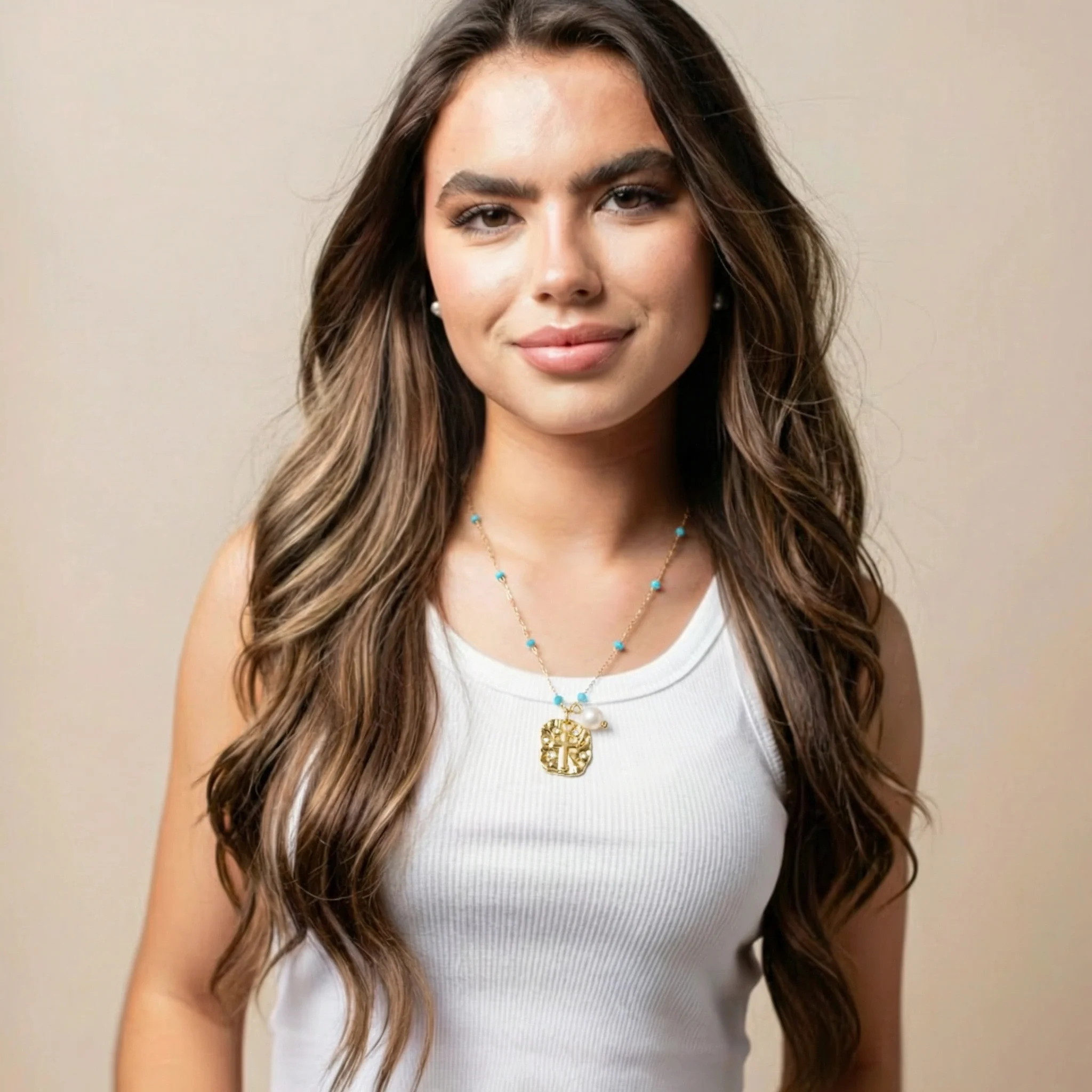 18k Gold Plated Chain with Blue Faceted Bead Stations Necklace with Plate with Cross, Pearl - Image 2