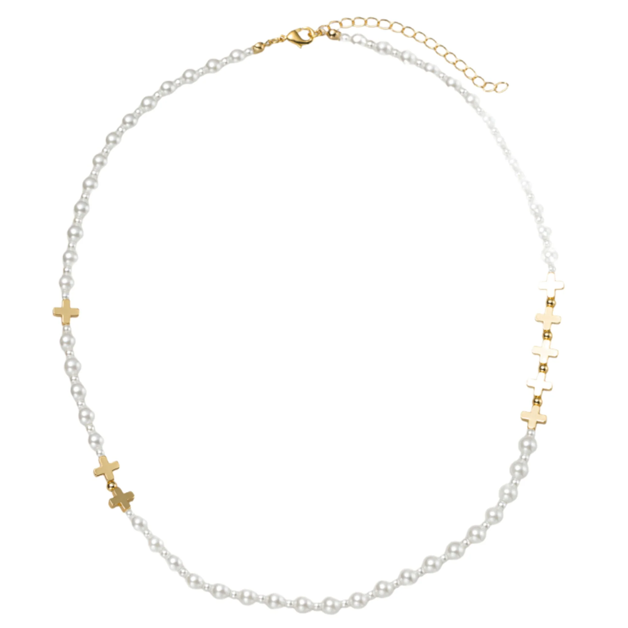 18K Gold Plated Gold, Pearl 4mm, 8mm Beaded Necklace with Gold Crosses in Body