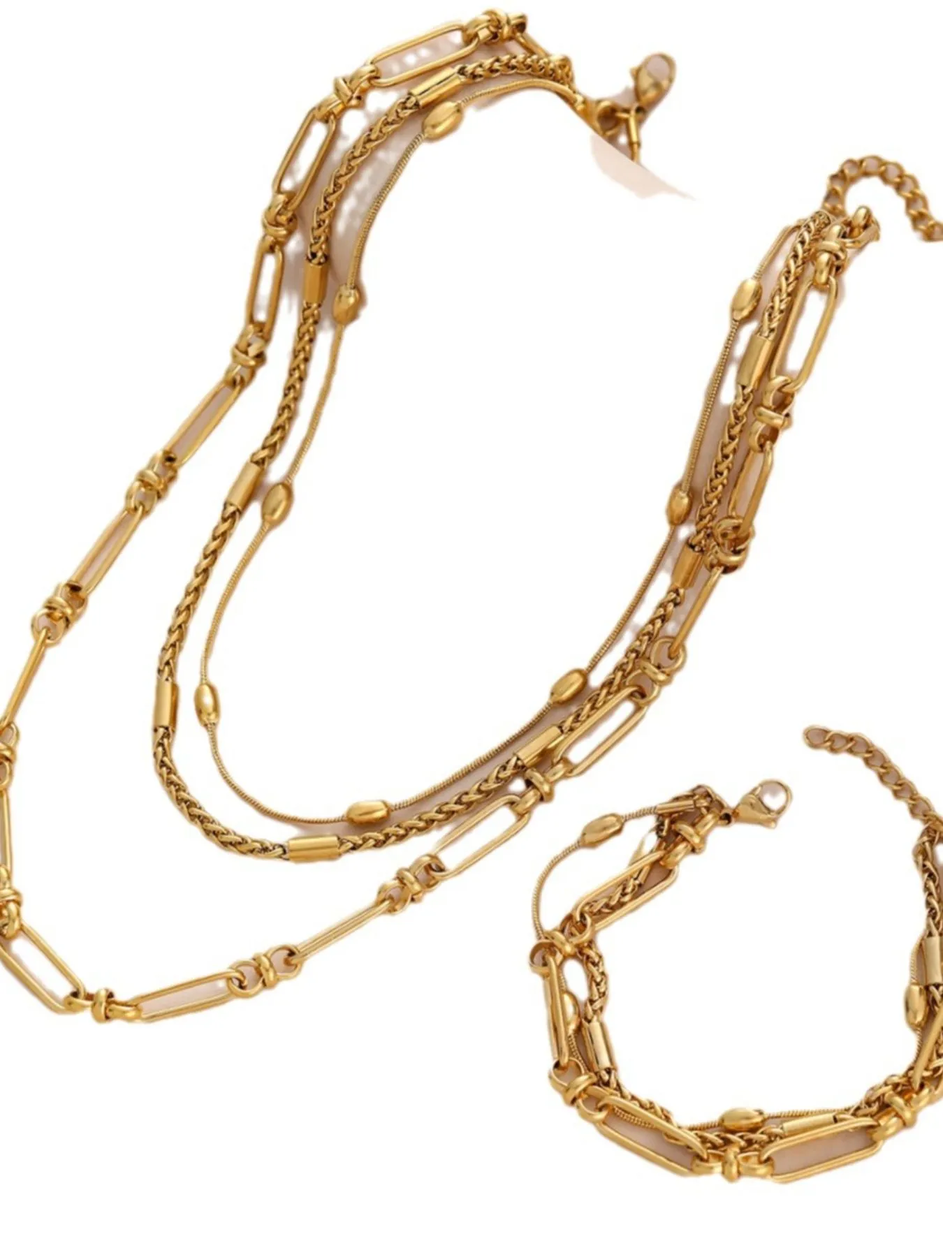 18K Gold-Plated Layered Chain Necklace and Bracelet Jewelry Set - Image 3