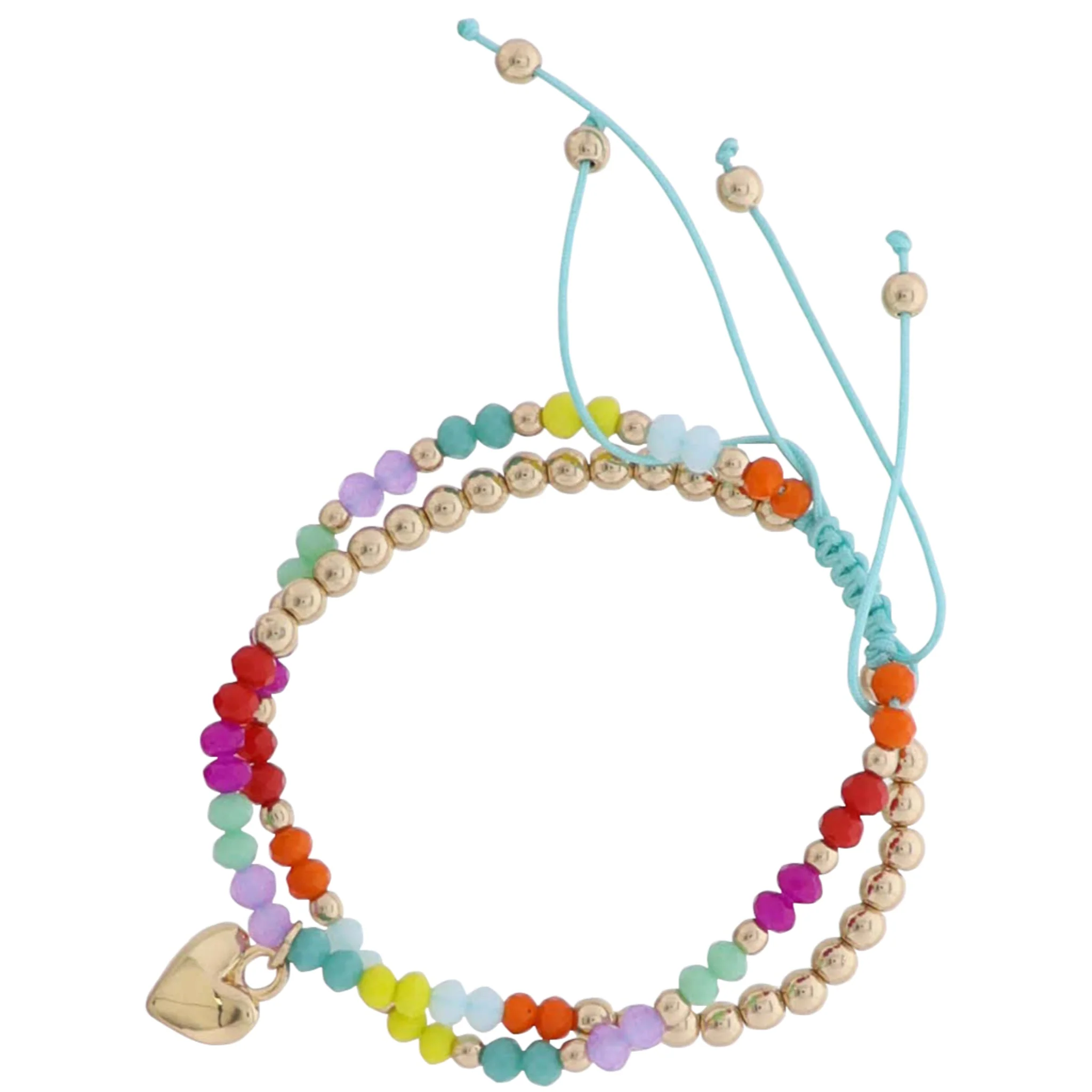 2 Strand Yellow, Orange, Tq, Pink, Gold Beaded Pully Adj. Bracelet with Gold Heart