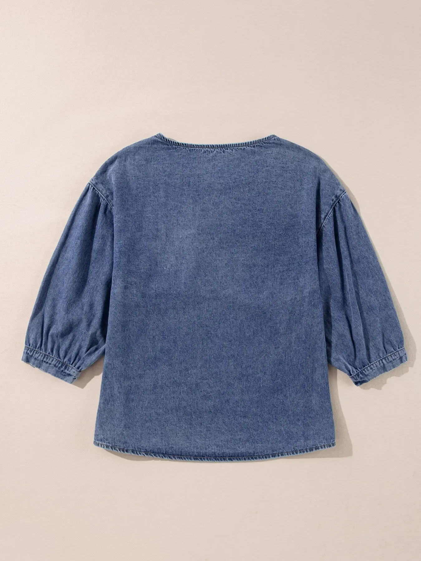 3/4 Sleeve Ruffled Patched Pocket Denim Blouse - Image 5