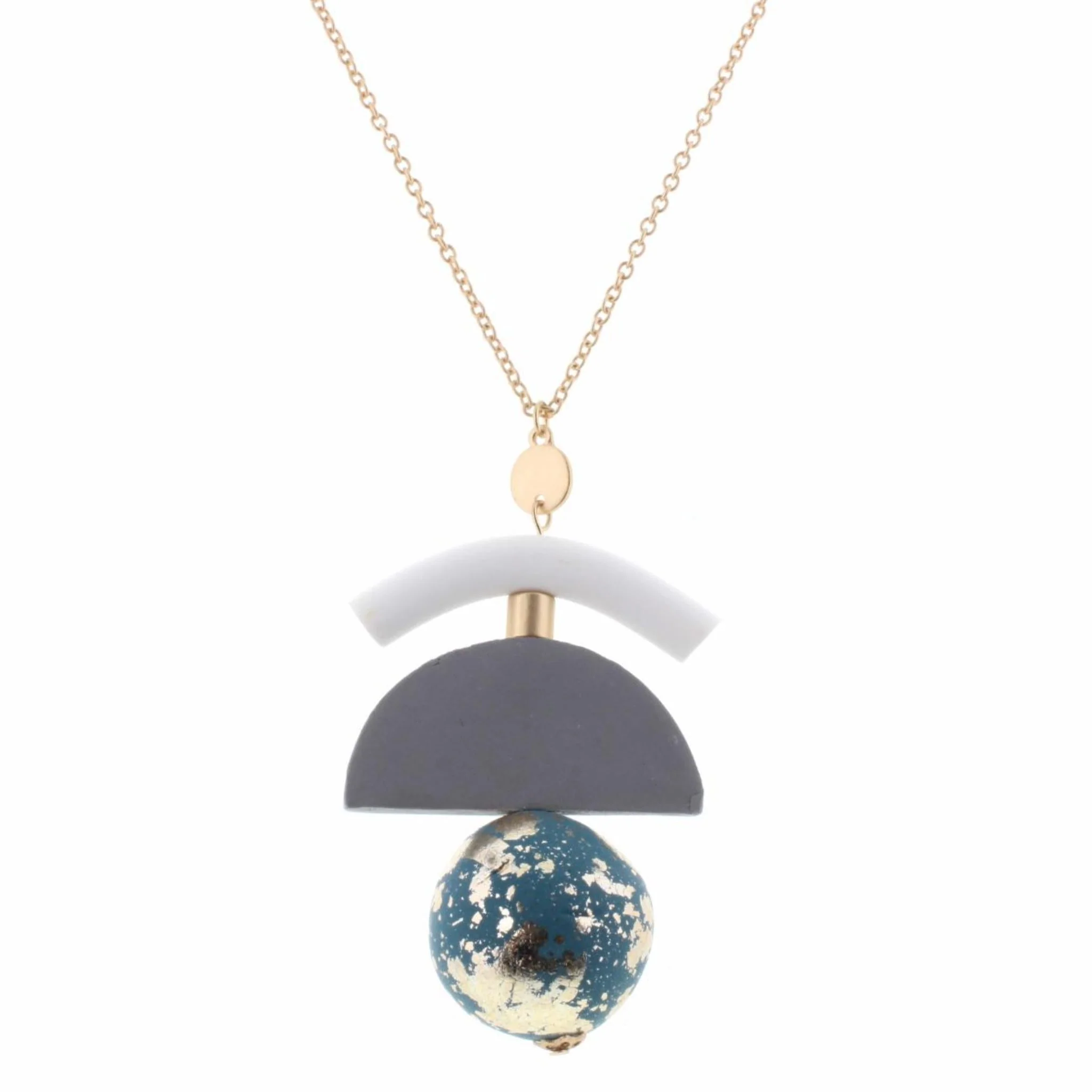 30" Polymer Clay White Tubular Arch with Grey Half Circle & Blue Gold Flaked Sphere Necklace, 3" Ext