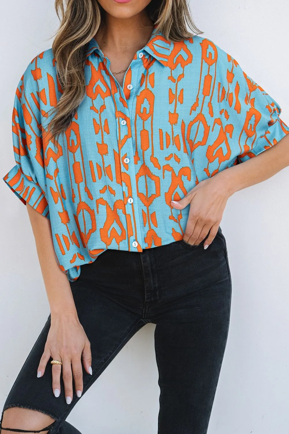 Abstract Print Dolman Short Sleeve Western Loose Shirt - Image 7
