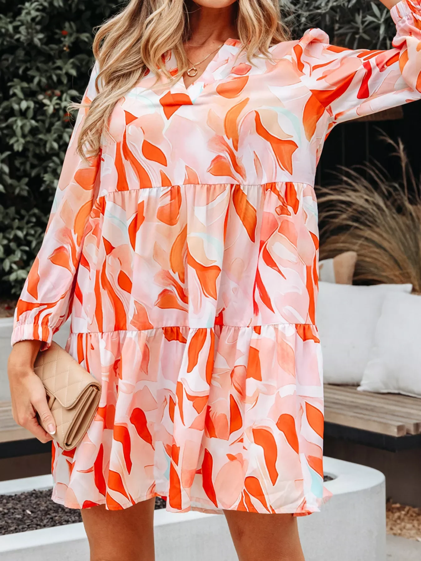 Abstract Print Long Sleeve Tiered Mini Dress - Image 4