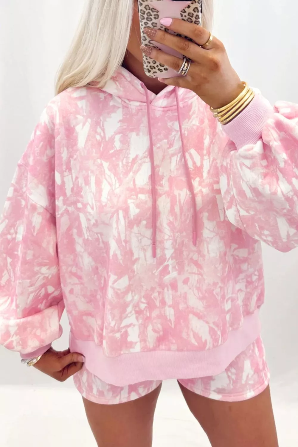 Abstract Print Loose Hoodie Slim Shorts 2pcs Set - Image 4