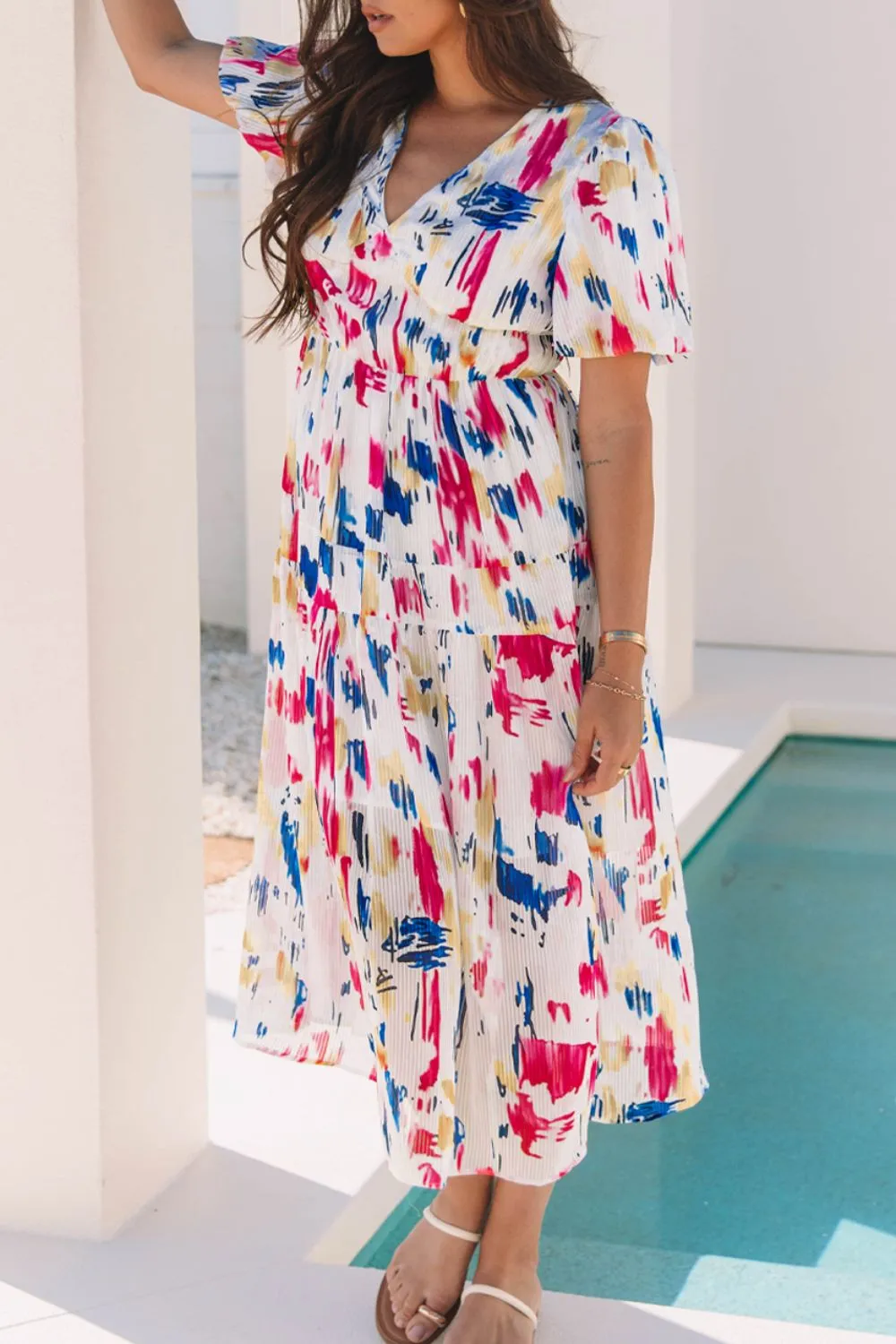 Abstract Print Short Puff Sleeve Tiered Maxi Dress - Image 4