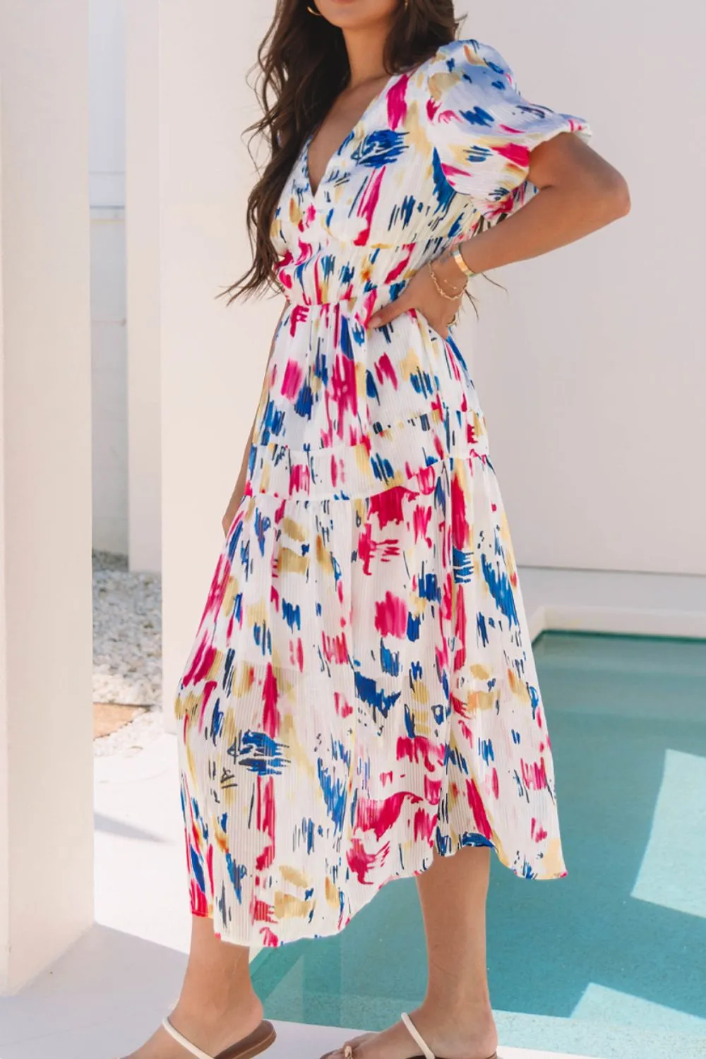 Abstract Print Short Puff Sleeve Tiered Maxi Dress - Image 5