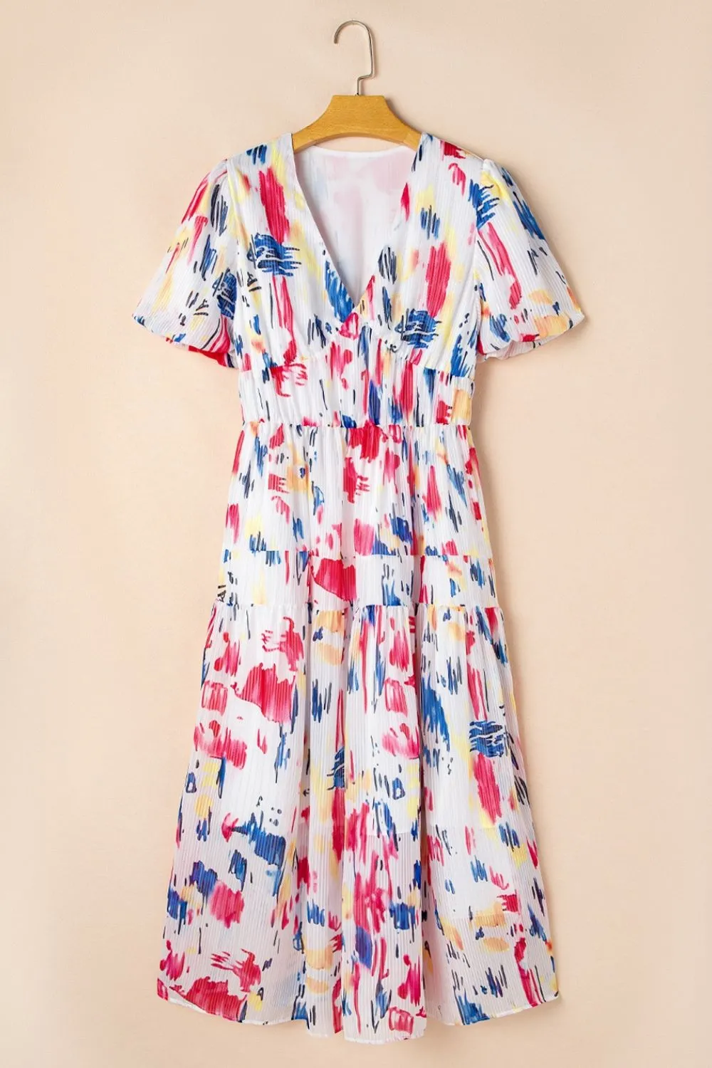 Abstract Print Short Puff Sleeve Tiered Maxi Dress - Image 8