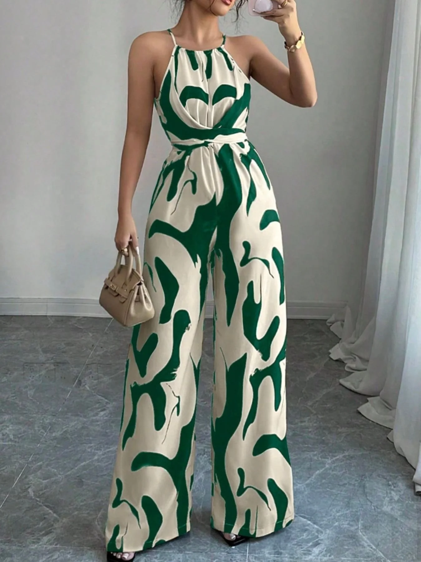 Abstract Print Sleeveless Wide Leg Jumpsuit - Image 11