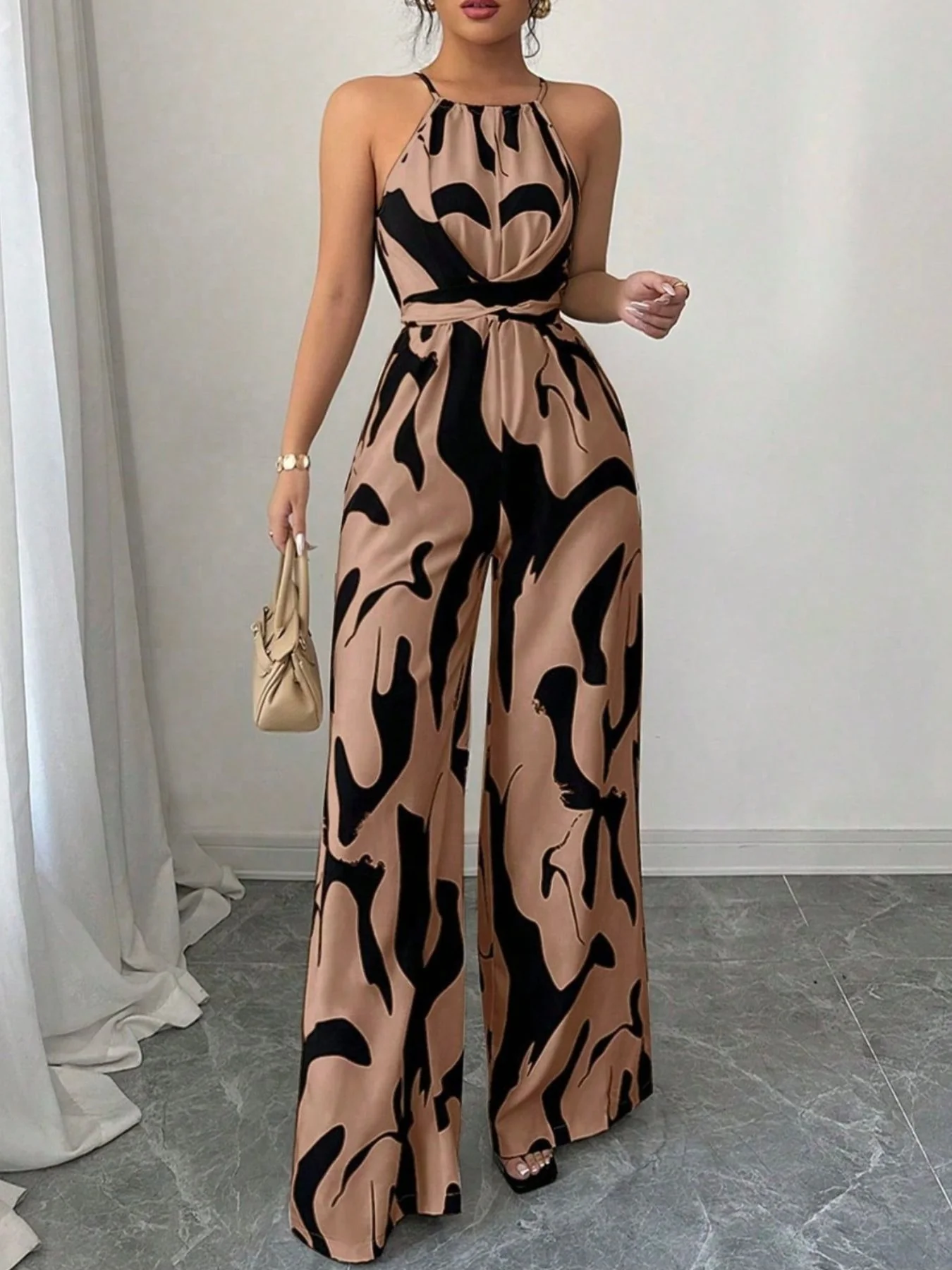 Abstract Print Sleeveless Wide Leg Jumpsuit - Image 7