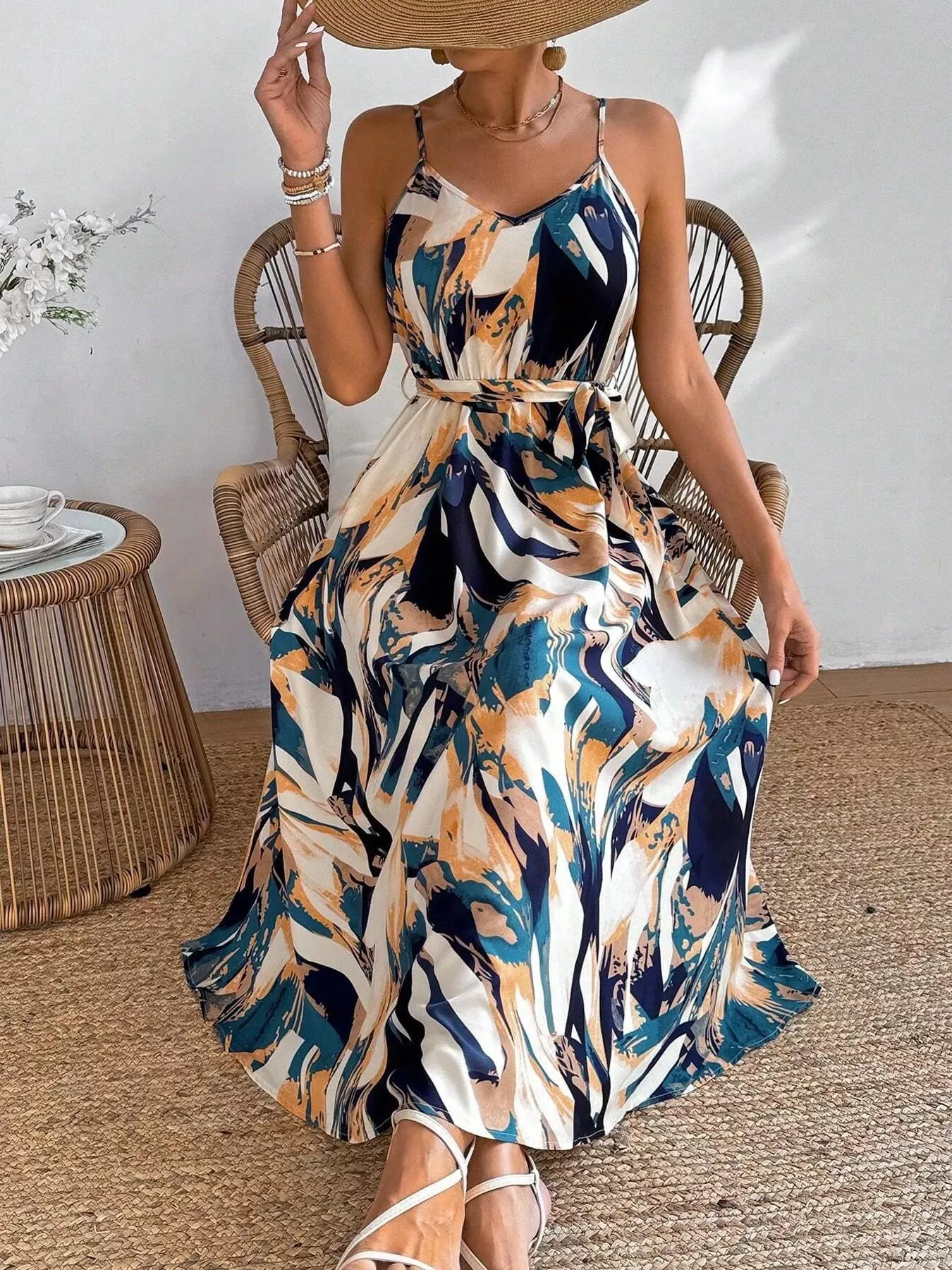 Abstract Print Tie Waist Cami Dress - Image 10