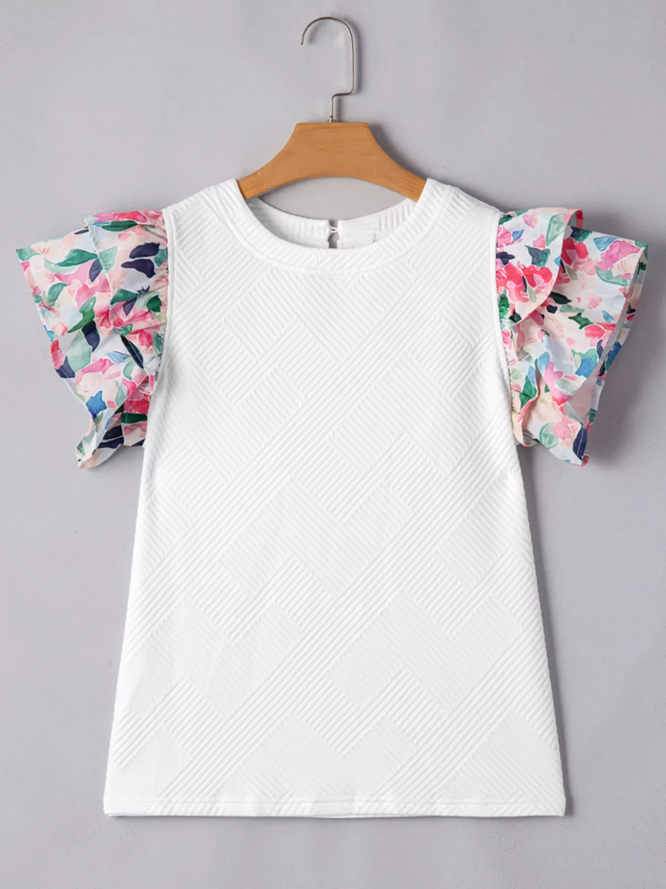 Abstract Print Tiered Ruffled Sleeve Textured Knit Top - Image 8
