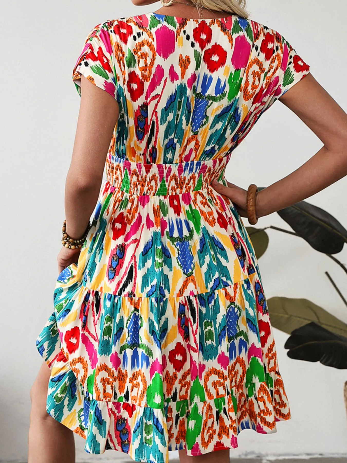 Abstract Print V Neck Dolman Sleeve Ruffle Tiered Mini Dress - Image 2