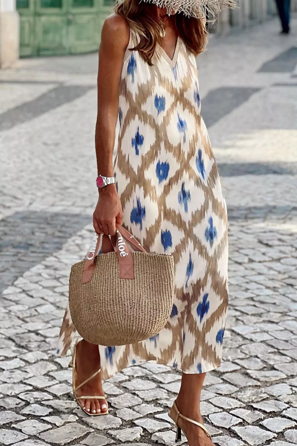 Abstract Print V Neck Sleeveless Midi Dress - Image 3