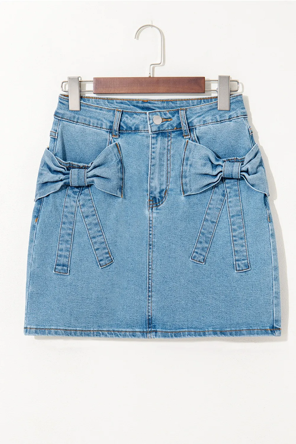 Acid Wash Bowknot Details High Waist Denim Skirt - Image 4