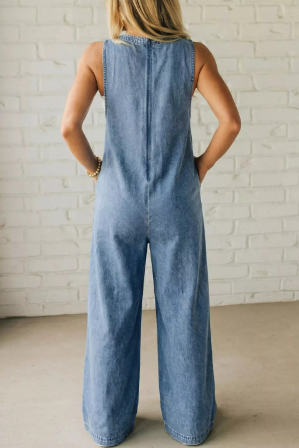 Acid Wash Pintuck Tie V Neck Denim Wide Leg Jumpsuit - Image 2