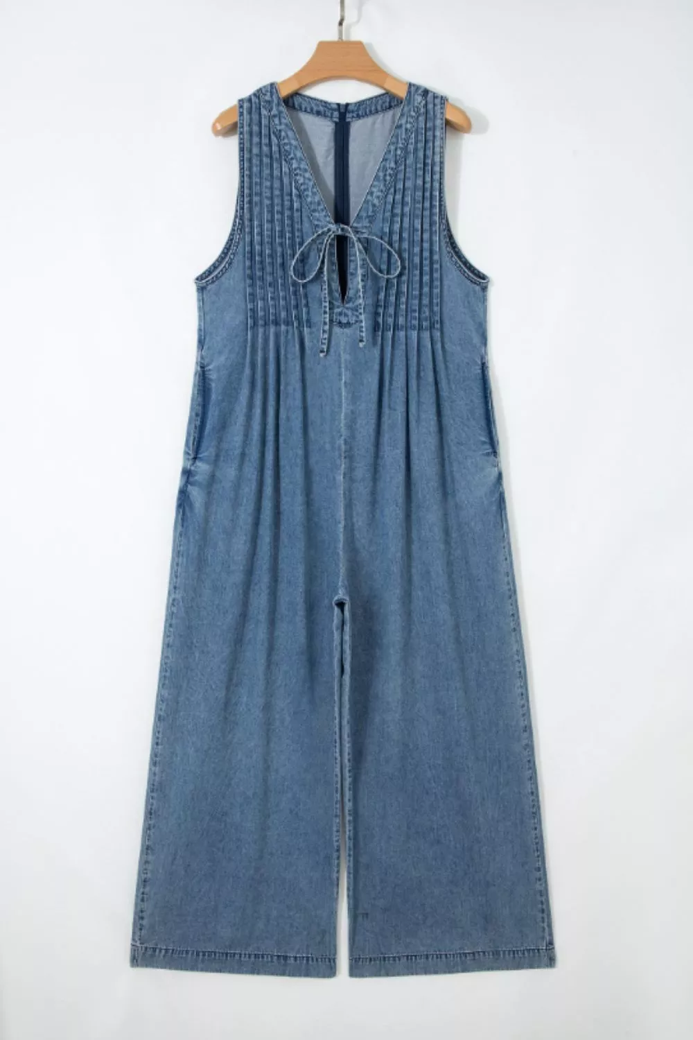 Acid Wash Pintuck Tie V Neck Denim Wide Leg Jumpsuit - Image 3