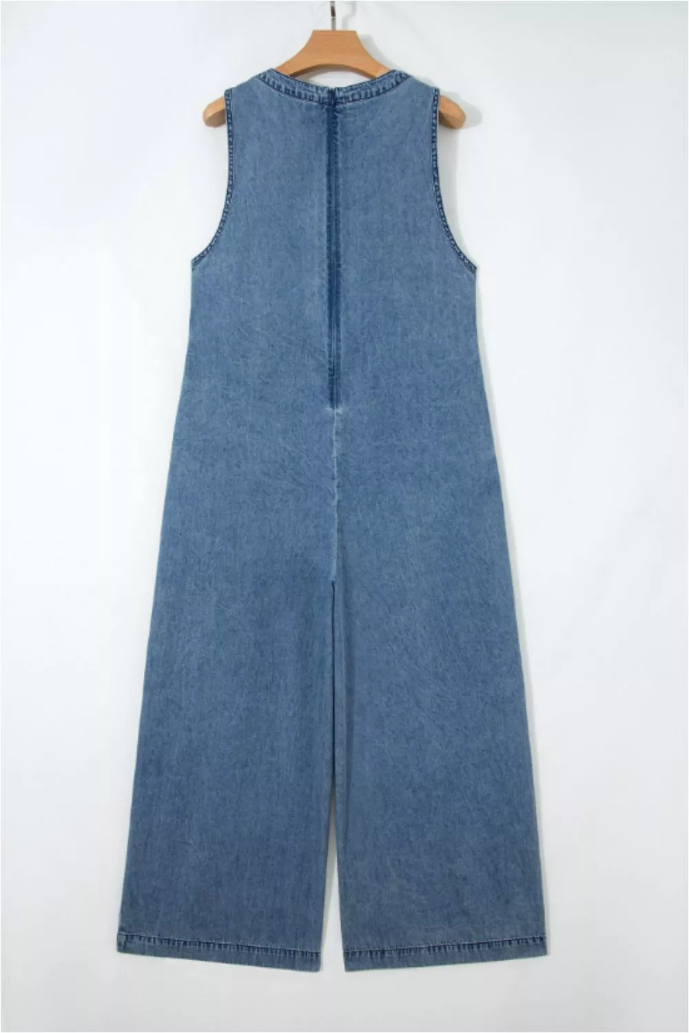 Acid Wash Pintuck Tie V Neck Denim Wide Leg Jumpsuit - Image 4