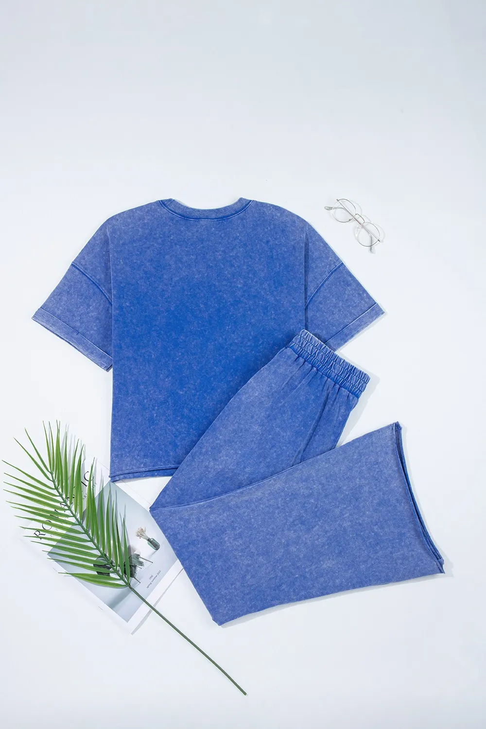 Acid Wash Star Patched Rolled Trim Top and Pants Set - Image 4