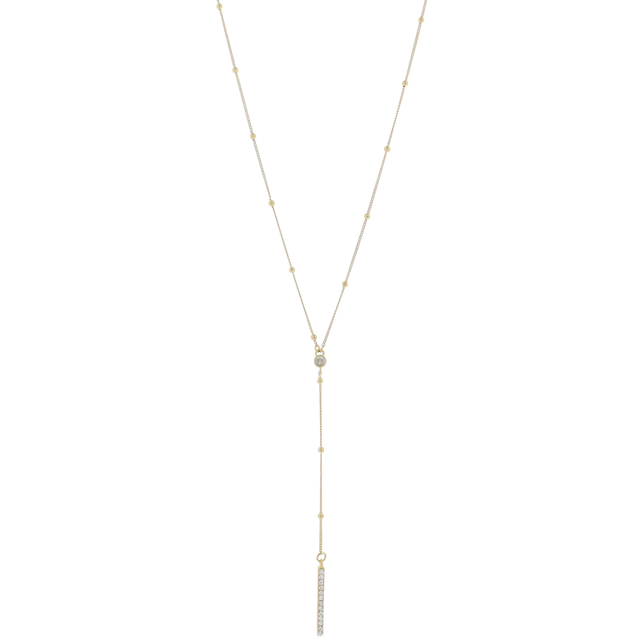 Adj. Gold Satellite Chain with Gold Crystal and Crystal Bar Lariat Drop Necklace, 3.75" Pendant