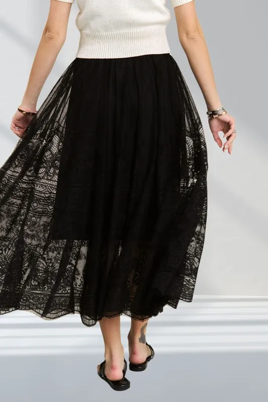 ADORA Elastic Waist Raw Hem Lace Maxi Skirt - Image 2