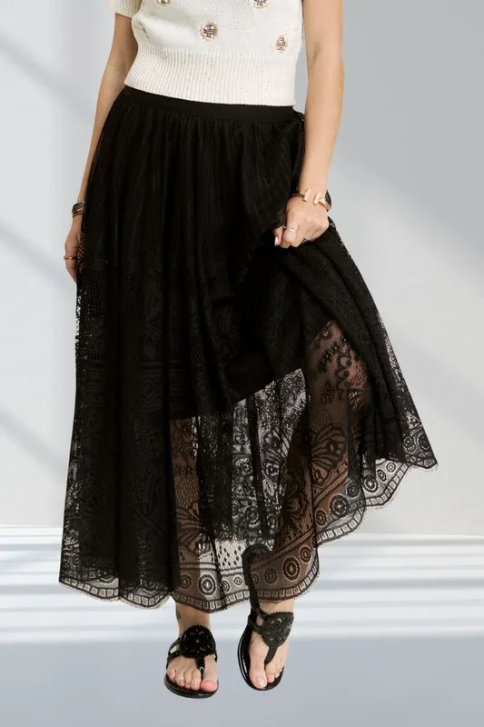 ADORA Elastic Waist Raw Hem Lace Maxi Skirt - Image 3