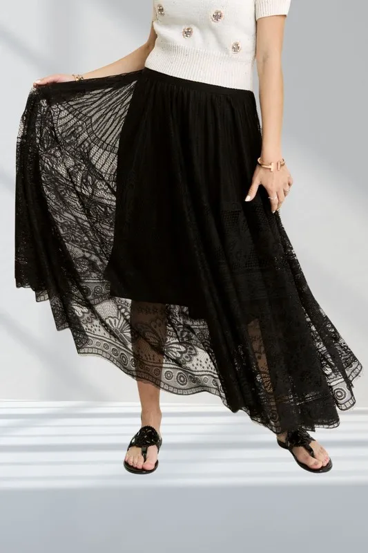 ADORA Elastic Waist Raw Hem Lace Maxi Skirt - Image 4