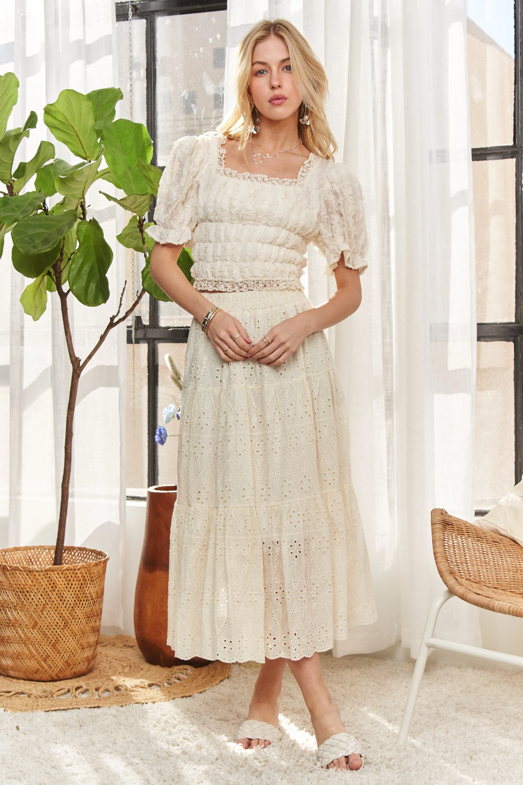 ADORA Lace Smocked Waist Peasant Top - Image 8