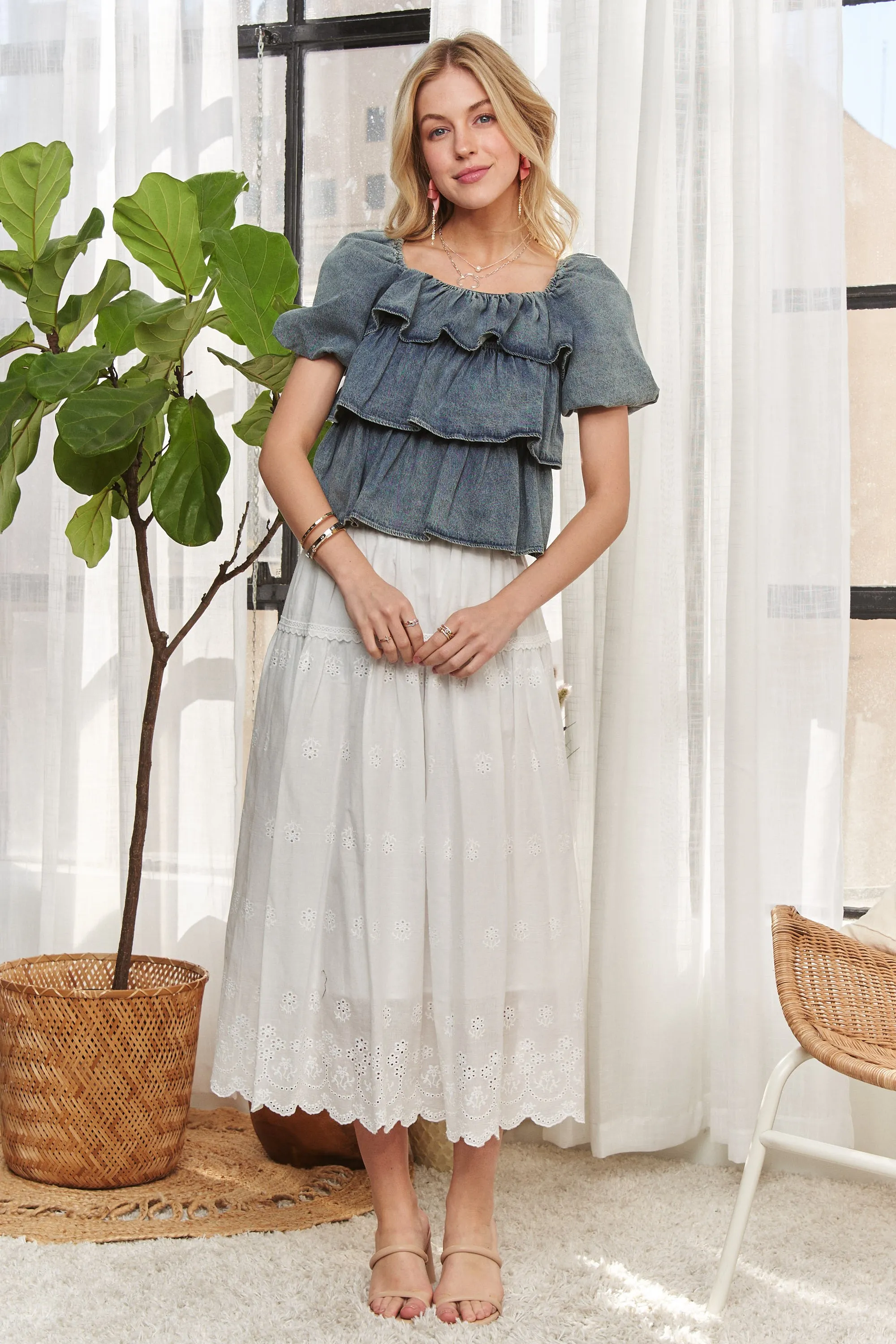 ADORA Washed Denim Layered Ruffle Blouse - Image 8
