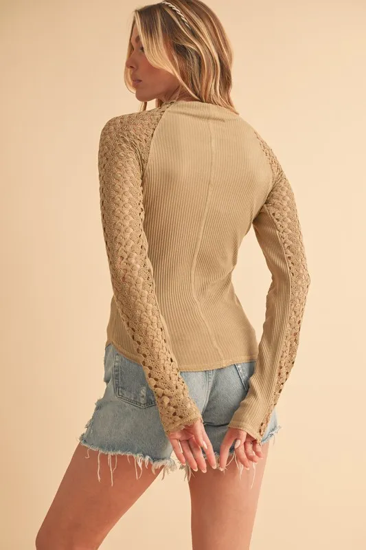 Aemi+Co Mock Neck Ribbed Knit Top with Crochet Sleeve - Image 6