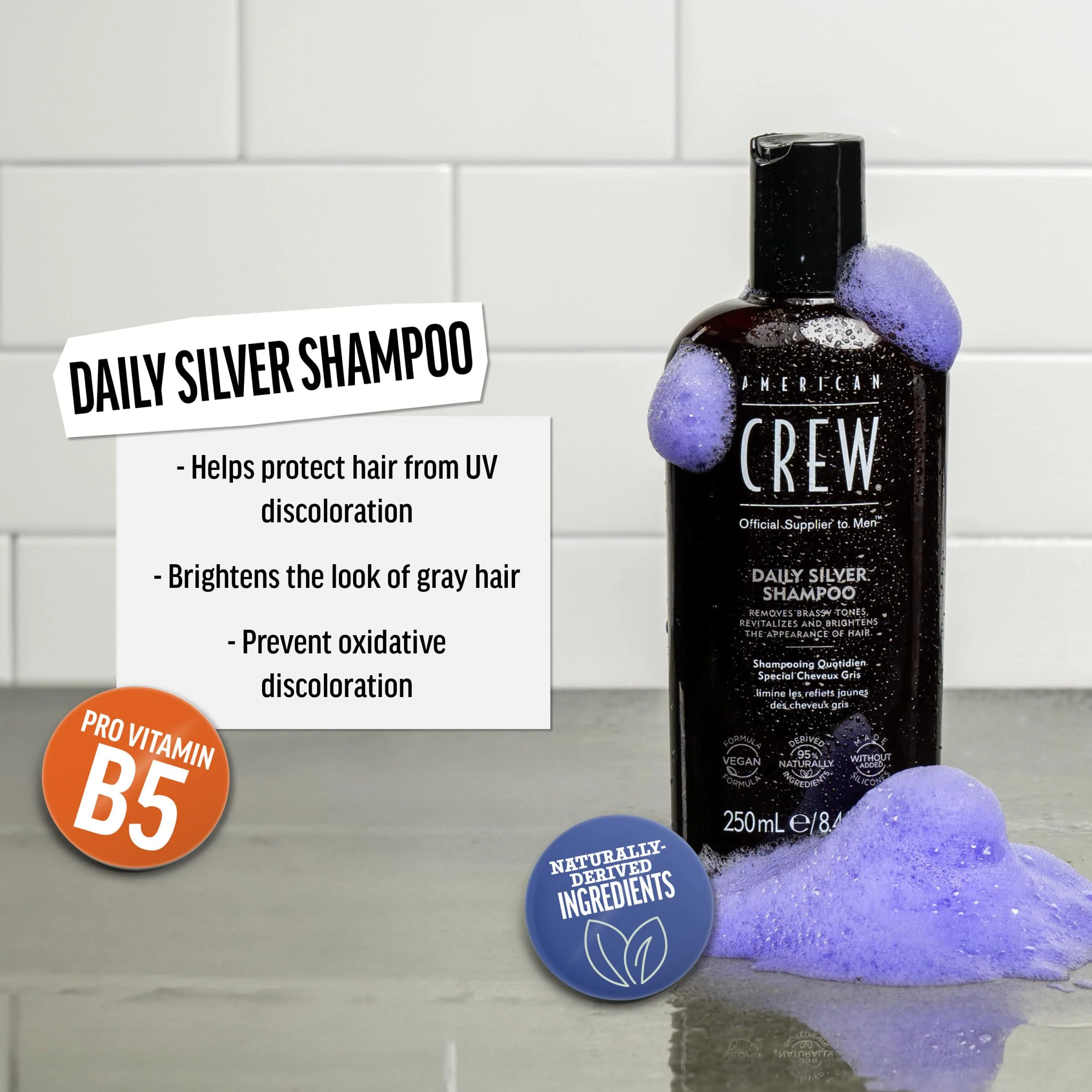 American Crew Men's Shampoo, Daily Silver, Removes Brassy Tones, Naturally Derived, Vegan Formula, 8.4 Fl Oz - Image 2