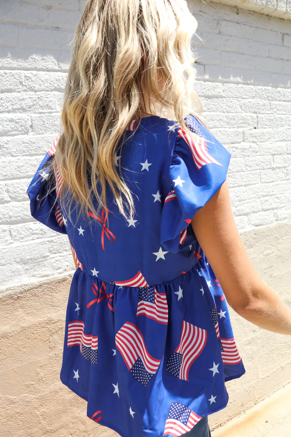 American Flag Blue & Red Stars & Bow Print Woven Top - Image 2