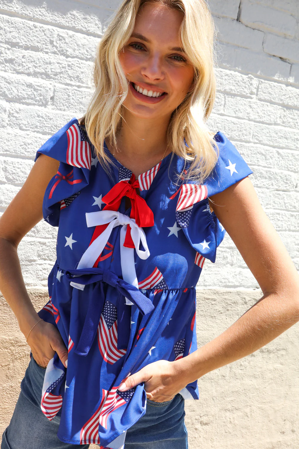 American Flag Blue & Red Stars & Bow Print Woven Top - Image 3