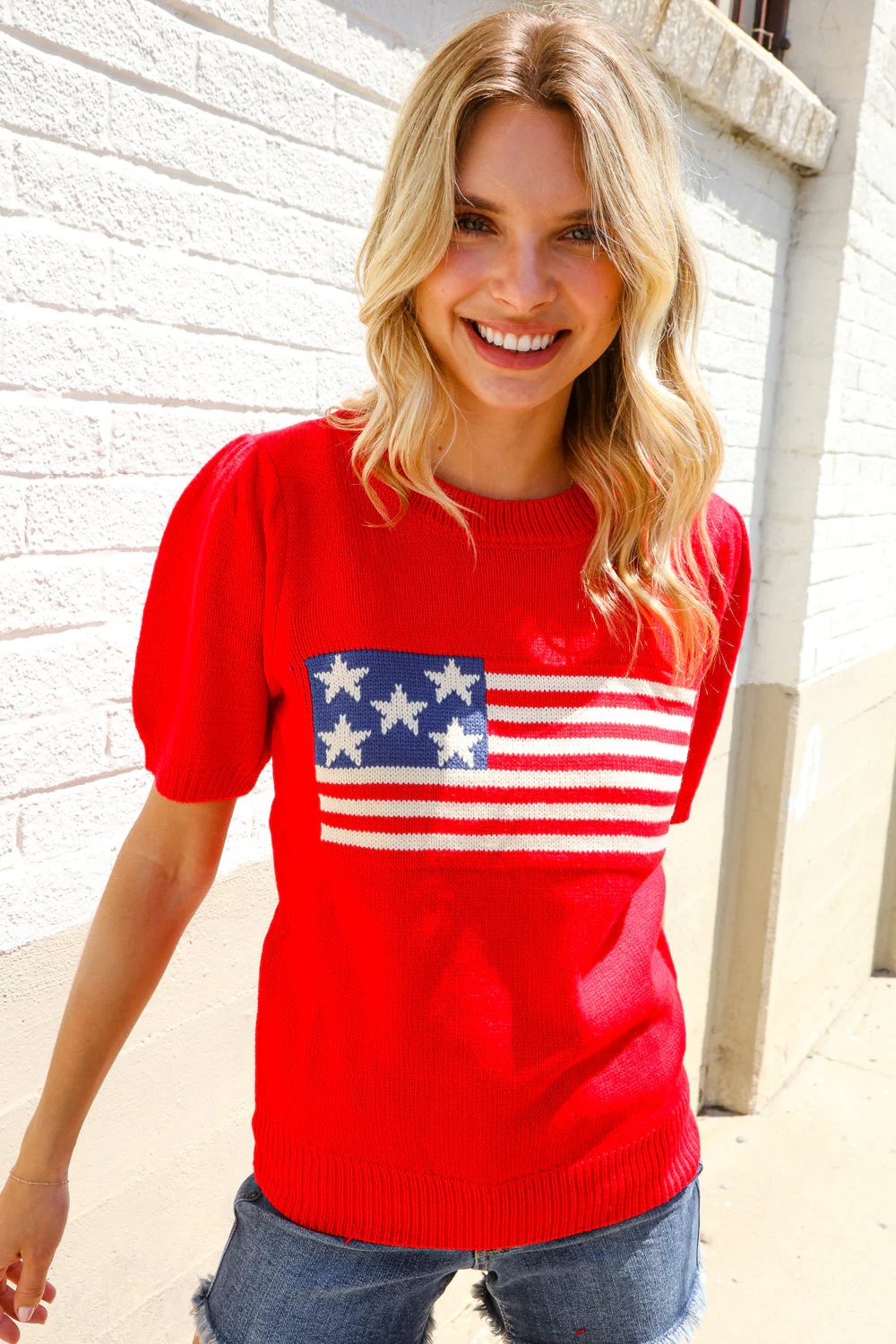 American Flag Bubble Short Sleeve Jacquard Sweater Knit Pullover - Image 15