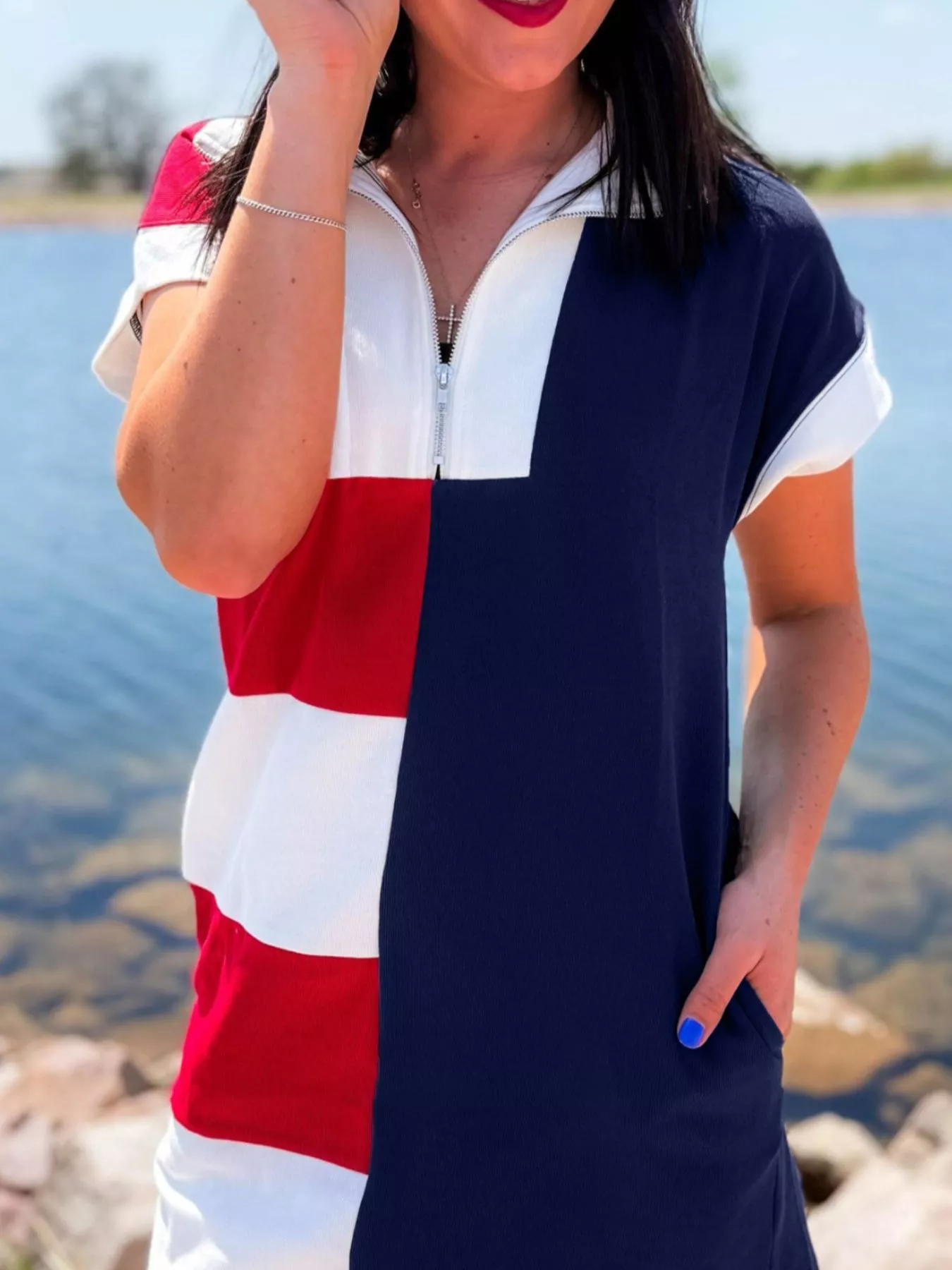 Americana Colorblock Stripes Zip up Collared T Shirt Mini Dress - Image 2