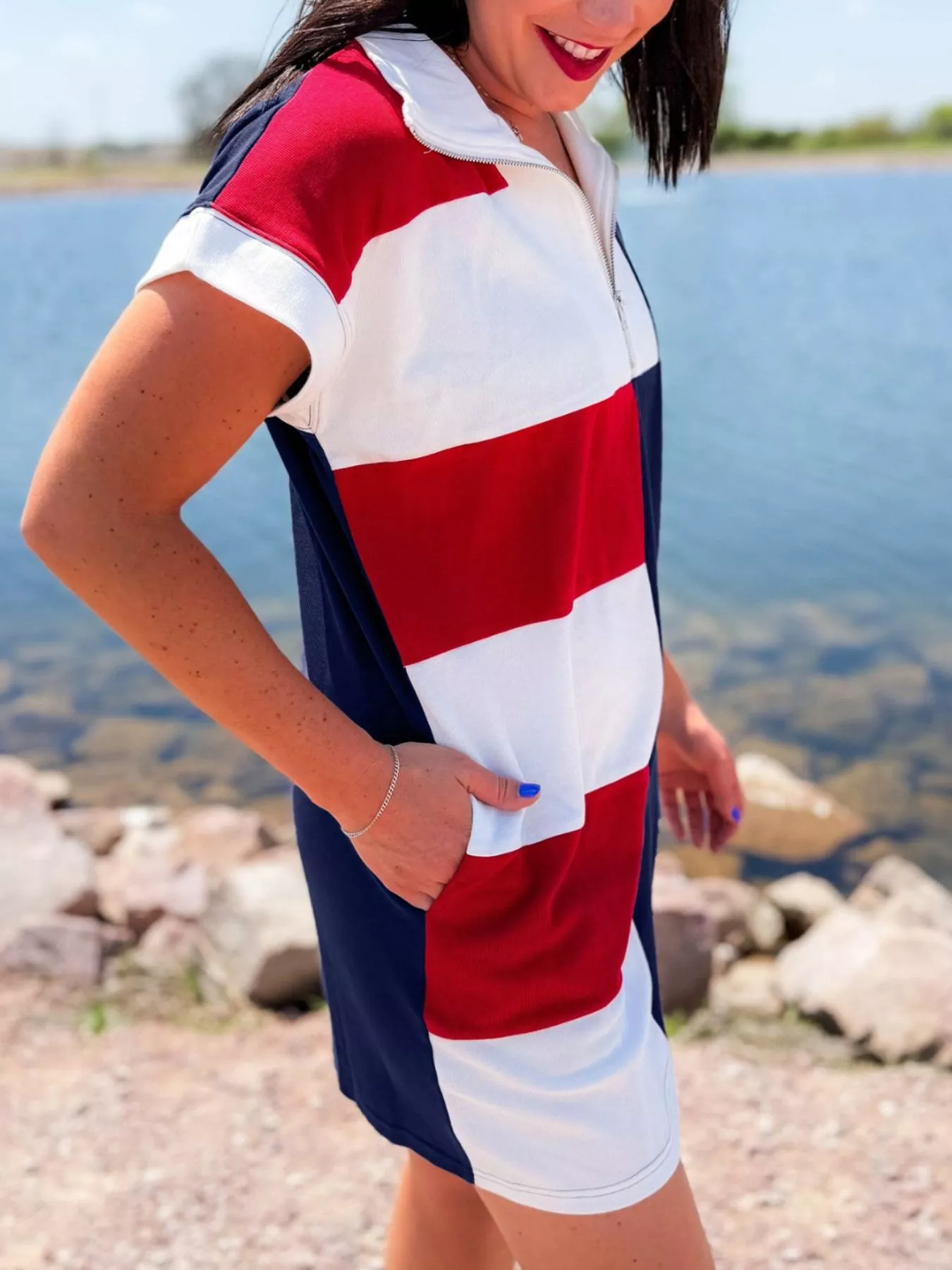 Americana Colorblock Stripes Zip up Collared T Shirt Mini Dress - Image 4
