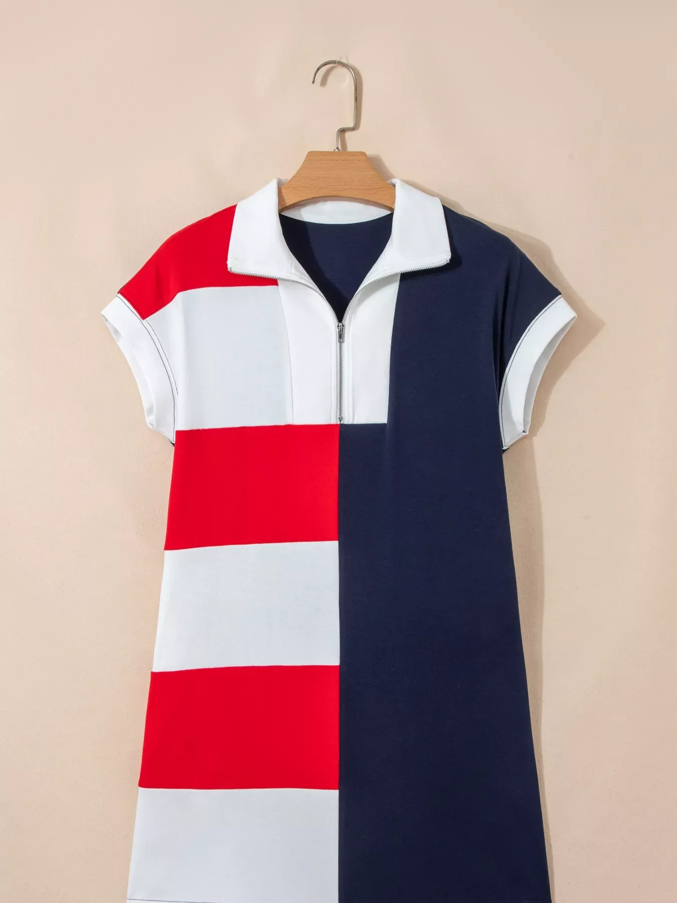 Americana Colorblock Stripes Zip up Collared T Shirt Mini Dress - Image 5