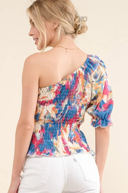 And The Why Allover Floral Print Smocked One Shoulder Blouse - Image 3