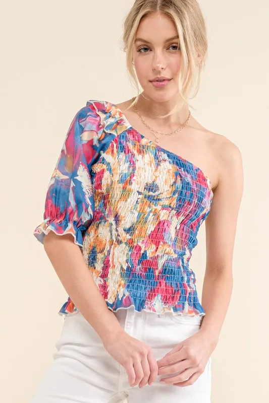 And The Why Allover Floral Print Smocked One Shoulder Blouse - Image 5