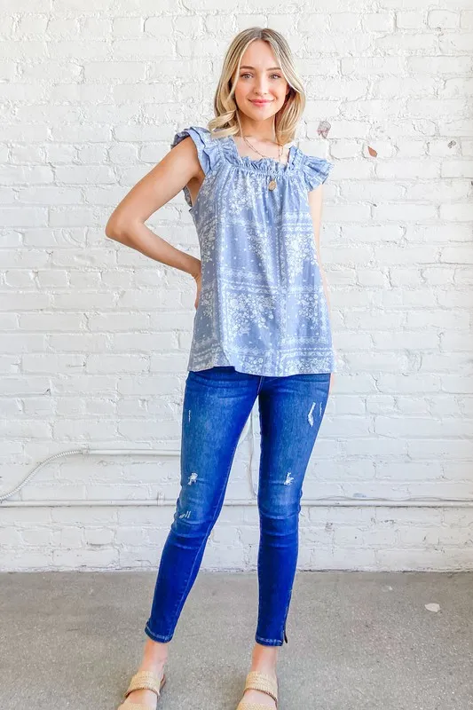 And The Why Boho Print Rayon Linen Ruffle Baby Doll Tank Top