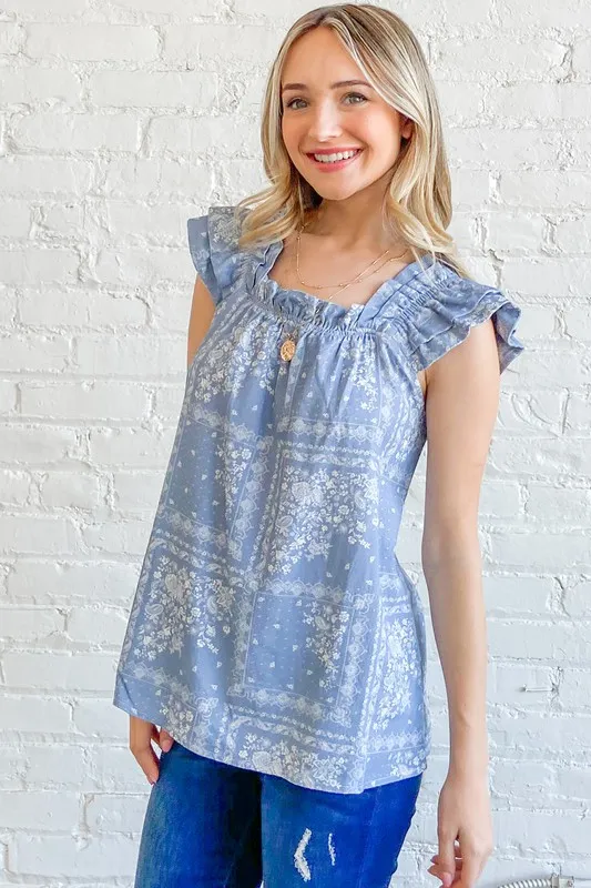And The Why Boho Print Rayon Linen Ruffle Baby Doll Tank Top - Image 4