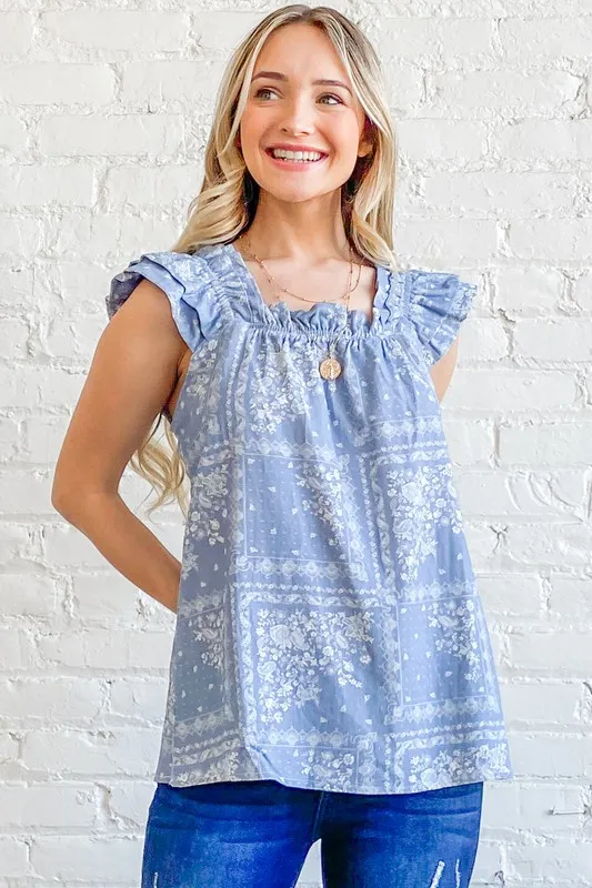 And The Why Boho Print Rayon Linen Ruffle Baby Doll Tank Top - Image 5