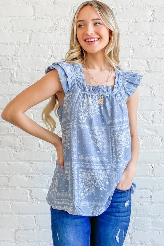 And The Why Boho Print Rayon Linen Ruffle Baby Doll Tank Top - Image 7